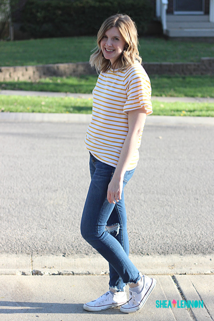 casual spring look: yellow striped top with jeans and sneakers | shealennon.com